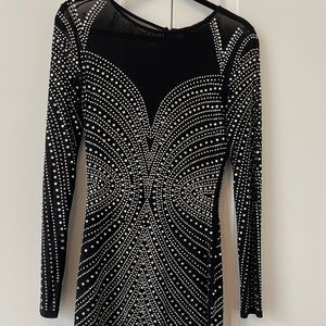 Banjul Dresses | Black Sequin Dress with White & Silver Sequels Long Sleeve
